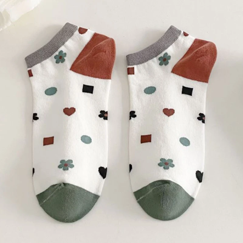 5 Pair Geometric Print Short Socks Women Summer Low Tube Fashion New Cotton Socks Set Asakuchi Breathable Japanese Style Socken