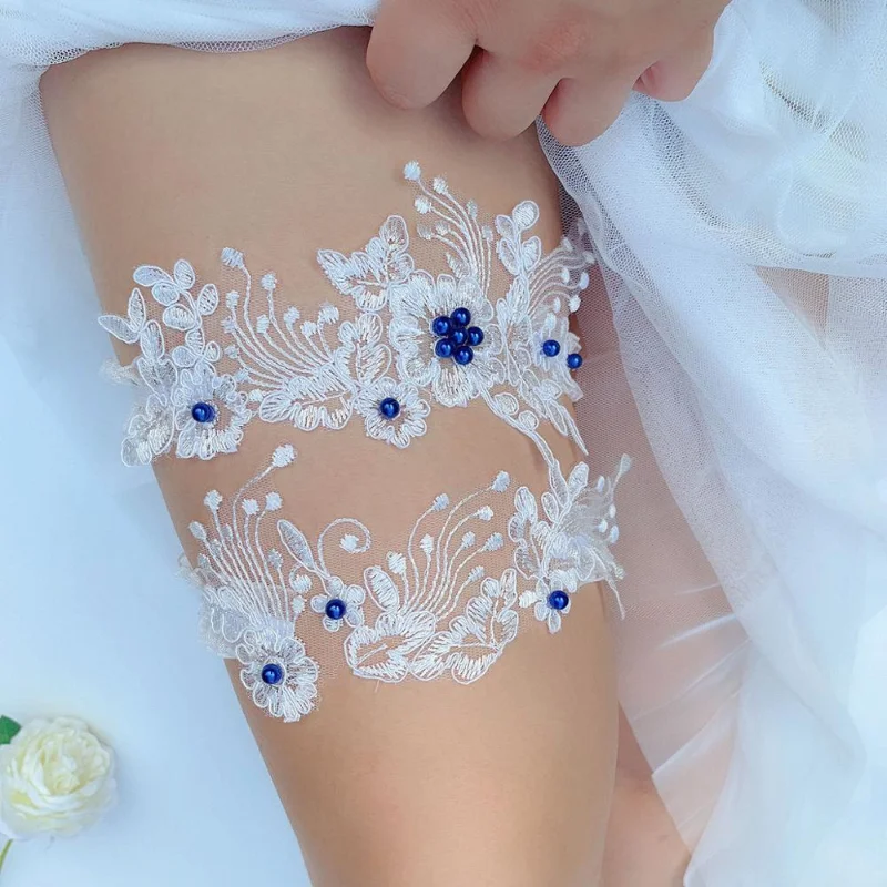 

Flower Beading Embroidery Wedding Garter Ivory Sexy Garters for Women Female Bride Thigh Ring Bridal Leg Garter