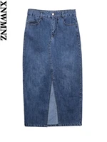 xnwmnz 2022 spring summer women fashion casual high waist five pocket front slit denim midi skirt female chic denim skirt