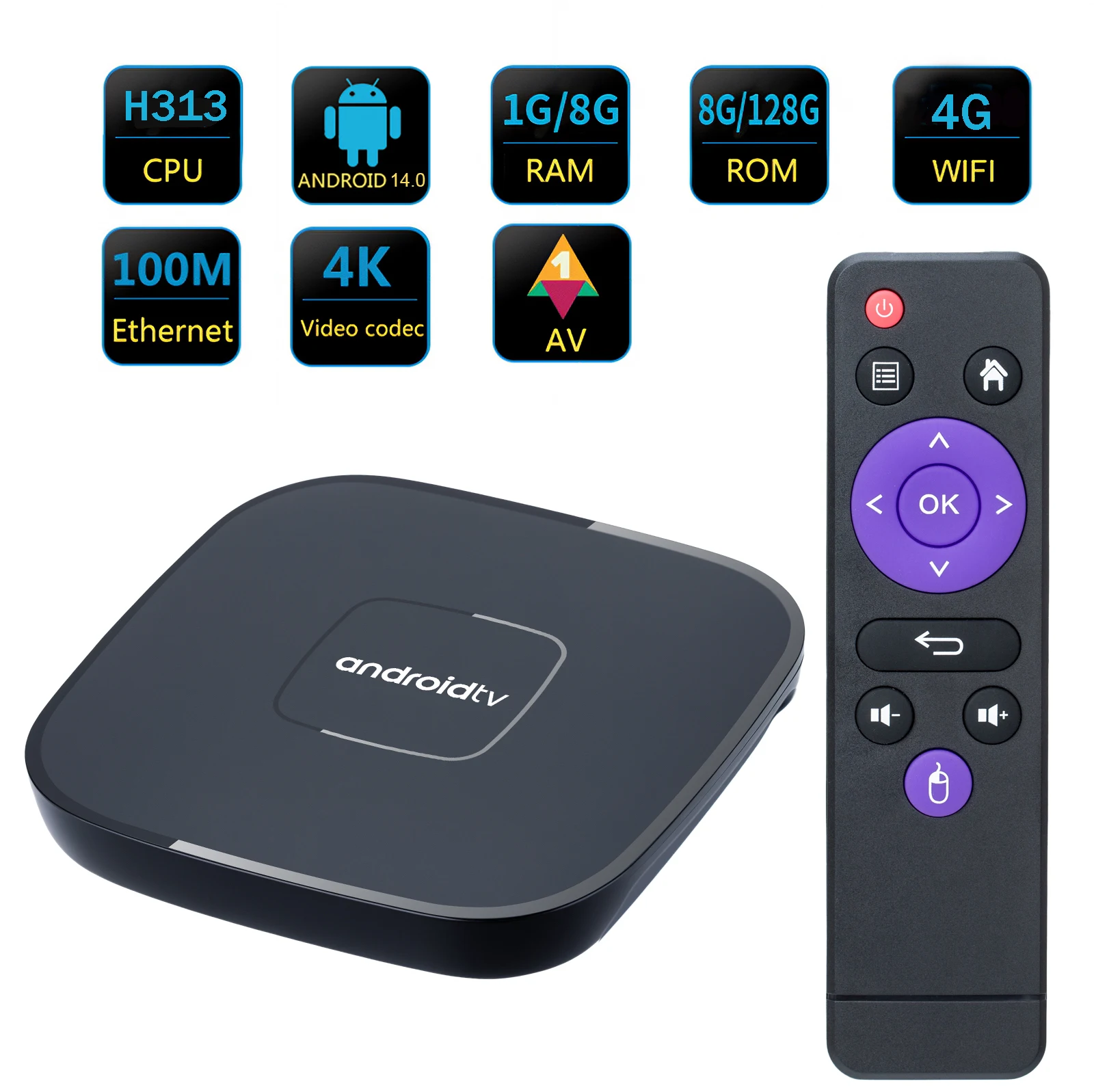 4K Smart TV Box WiFi 4G Телеприставка Android 14 Медиаплеер 8 ГБ 128 Allwinner H313 Четырехъядерный IPTV