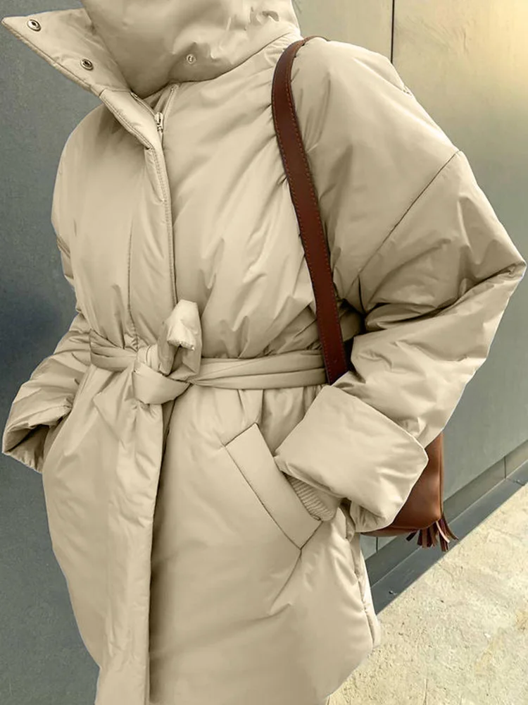 Winter Fashion Stand Collar Thick Warm Khaki Parkas with Belt 2022 Women's High Quality Army Green Coats Casual Streetwear