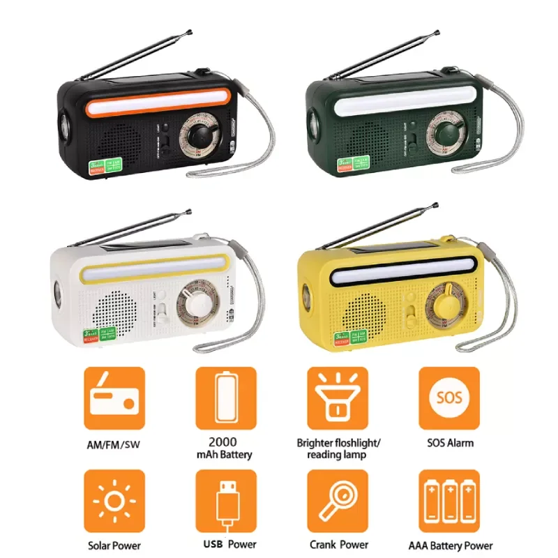 5 in 1 Hand Crank Radio LED Torch Reading Lamp FM AM SW Hand Radio 2000mAh USB Charging Solar Emergency Radio for Camping Hiking