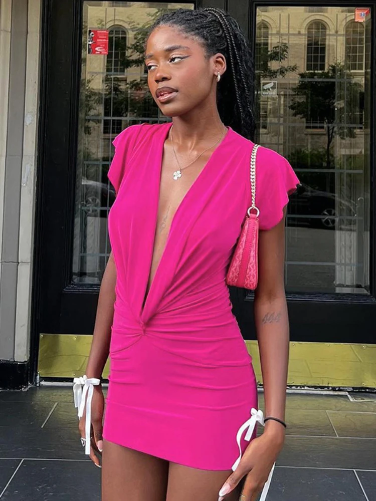 

Hot Pink Mini Dress Deep V Neck Short Sleeve Solid Color Gathered Kink Bag Hips Cocktail Dresses for Women 2023 Summer Clothes