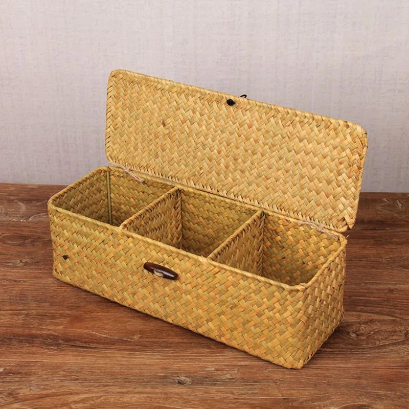 

Box Storage Dust Clothing Woven Organizer Sundries Container Wardrobe Basket Hand Rectangular 3 Lid Baskets With Storage Grids