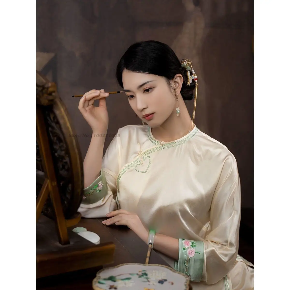 2022 traditional chinese pajamas women lace ice silk set smooth sweet girl home clothes shirt &pant sleepwear vintage sleepwear