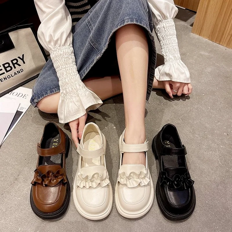 

Thick-soled cute soft girl round head pleated lace British style retro uniform shoes 2022 spring and summer new female