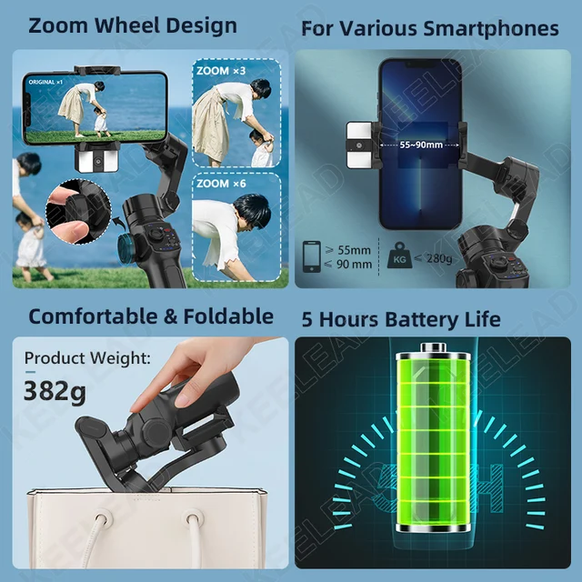 3-Axis Gimbal Handheld Stabilization Foldable Pocket Gimbal with Extension Rod for Smartphone iPhone 14 Pro Samsung Call Phone 6