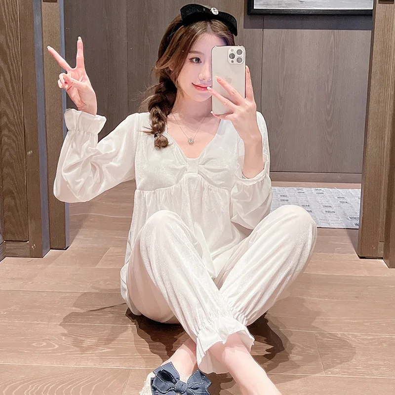 

Velvet Pajamas Set Sweet Cute Pink New Women Sleepwear Trouser Suits Autumn Long Sleeve Winter Casual Home Wear Velour Pyjama