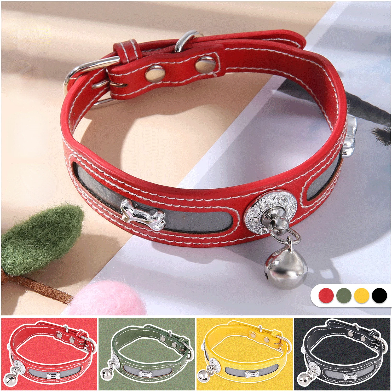 

Pet Dog Collar Reflective Strip Small Dog Cat Bell Collar Adjust Neck Circumference Pet Training Puppy Collar Kitten Accessories