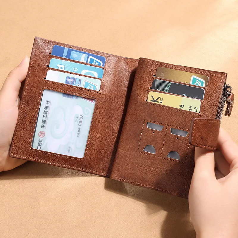 Men's Short Leather Wallet Full Head Classic Retro Brown Leather Multi Card Large Capacity Leisure Wallet Driver's License Walle