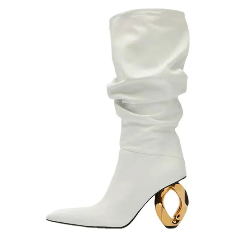 

Pleated Style Women's Mid Calf Boots Pointed Toe Strange Heels Slip-on Female Footwear Solid Color Party Dress Ladies Shoes