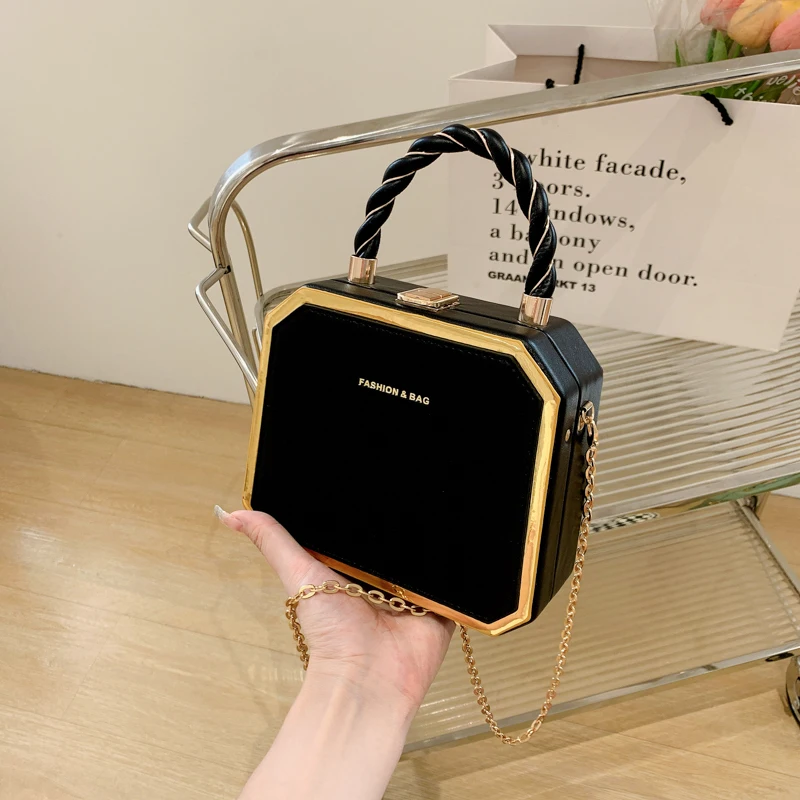 2023NEW Hard Box Shape PU Leather Crossbody Baq with Short Rope Handle for Women Shoulder Handbags and Purses Lady Travel Tote