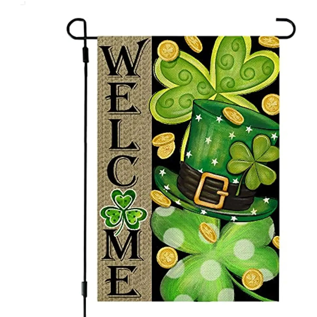 

St Patricks Day Garden Flag 12x18 Inch Double Sided for Outside Small Burlap Shamrocks Clovers Green Hat Gold Coin Lucky