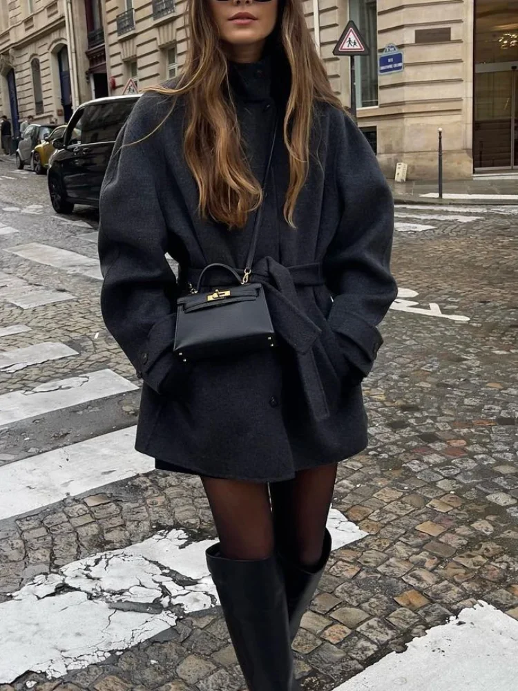 Женское однобортное шерстяное пальто элегантная однотонная куртка на шнуровке с