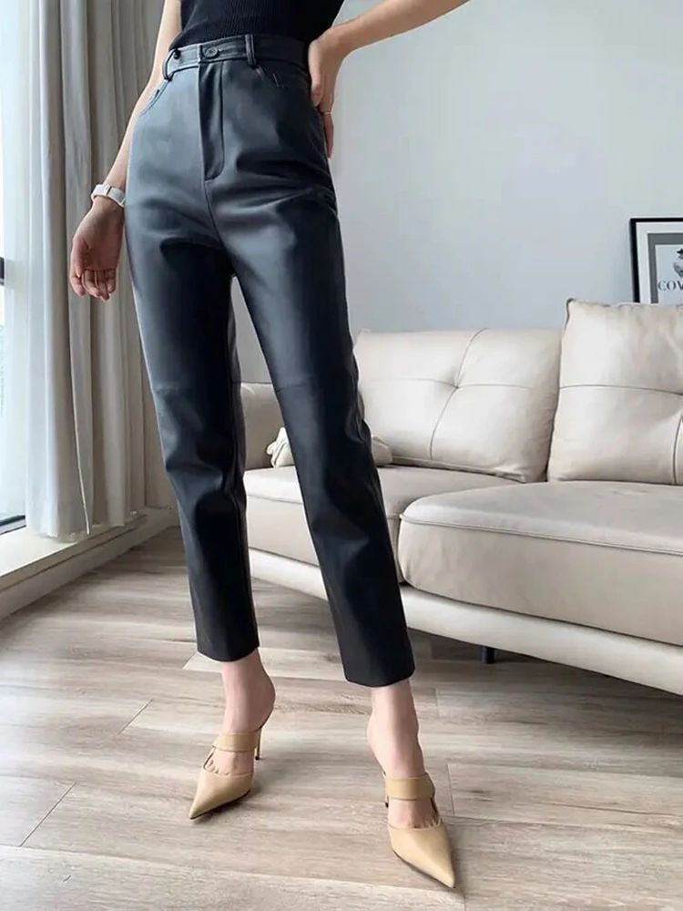 Women Pants 100% Natural Genuine Sheep Leather Real Sheep Leather Ankle-Length Pants Trousers high-quality H509