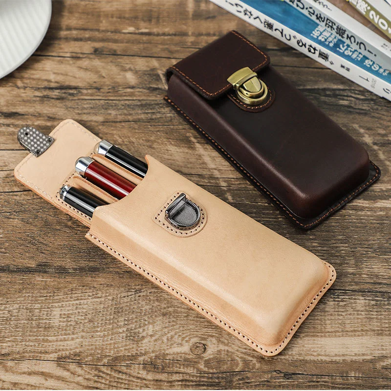 Retro Leather Detachable Pen Bag For 3pcs Of Pens Handmade Student  Storage Pen Case