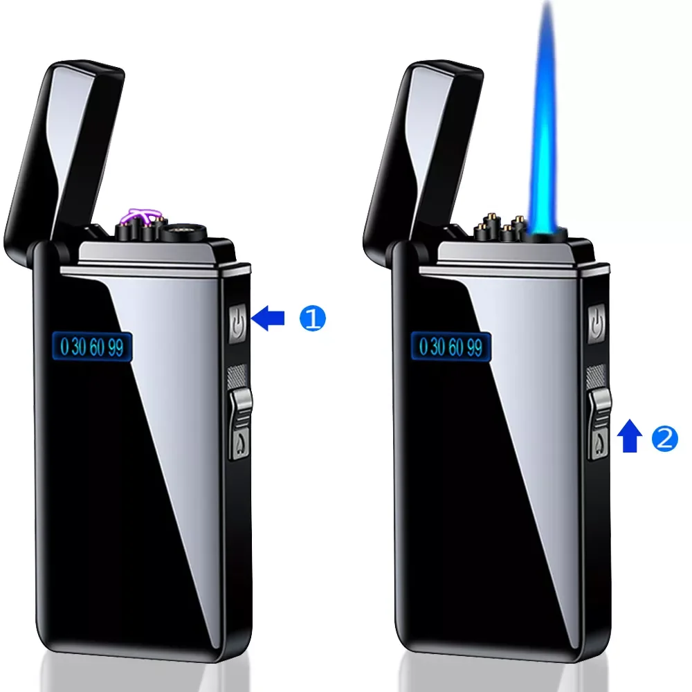 

2023 Gas Electric Windproof Metal USB Torch Lighter Jet Turbo Dual Arc LED Lighters Gas Charging Electronic Butane Pipe Cigar Li