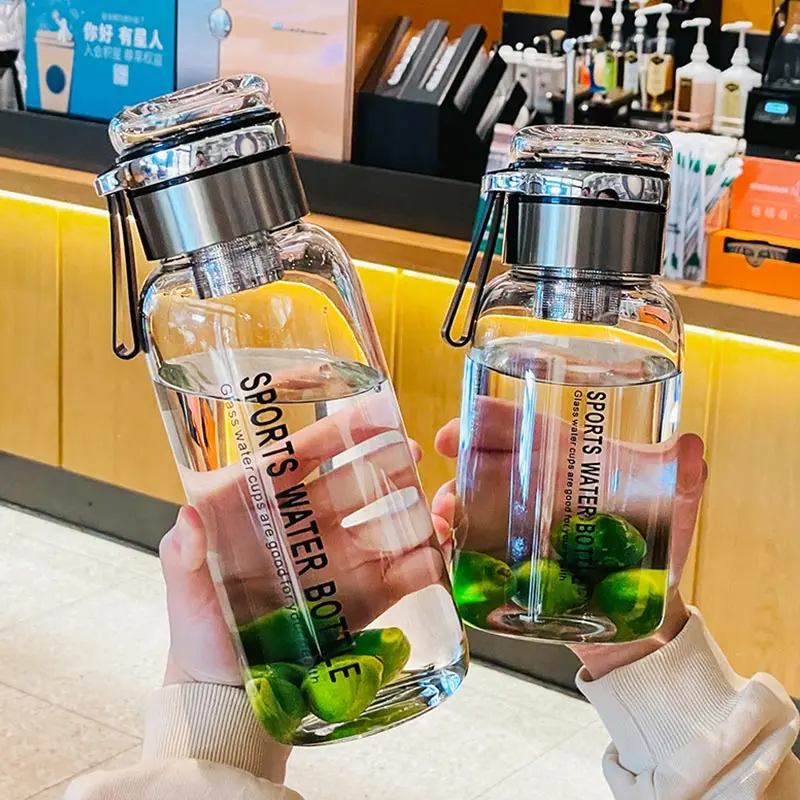 

1000 мл стеклянная бутылка для воды, ремешок, портативные спортивные бутылки для воды, уличная дорожная герметичная посуда для напитков, модн...