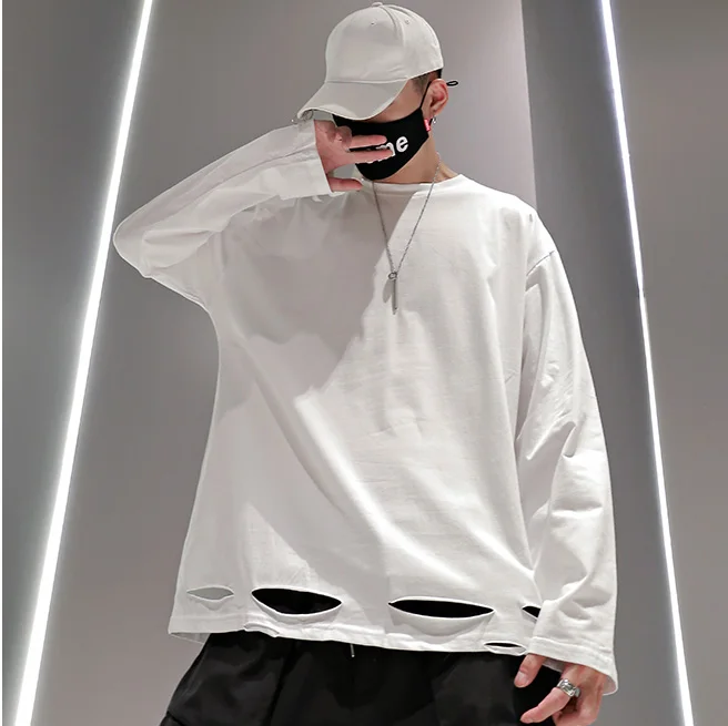 

Long-sleeved t-shirt trend loose youth fall hole bottoming shirt casual tide brand ins round neck shirt men