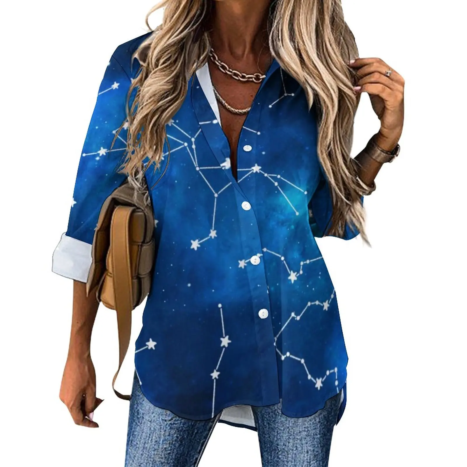 

Blue Galaxy Casual Blouse Sky Map Constellation Astronomy Cute Design Blouses Women Long Sleeve Loose Shirts Oversized Top