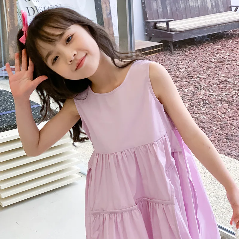 2024 корейское летнее платье для школьниц без рукавов повседневное однотонное
