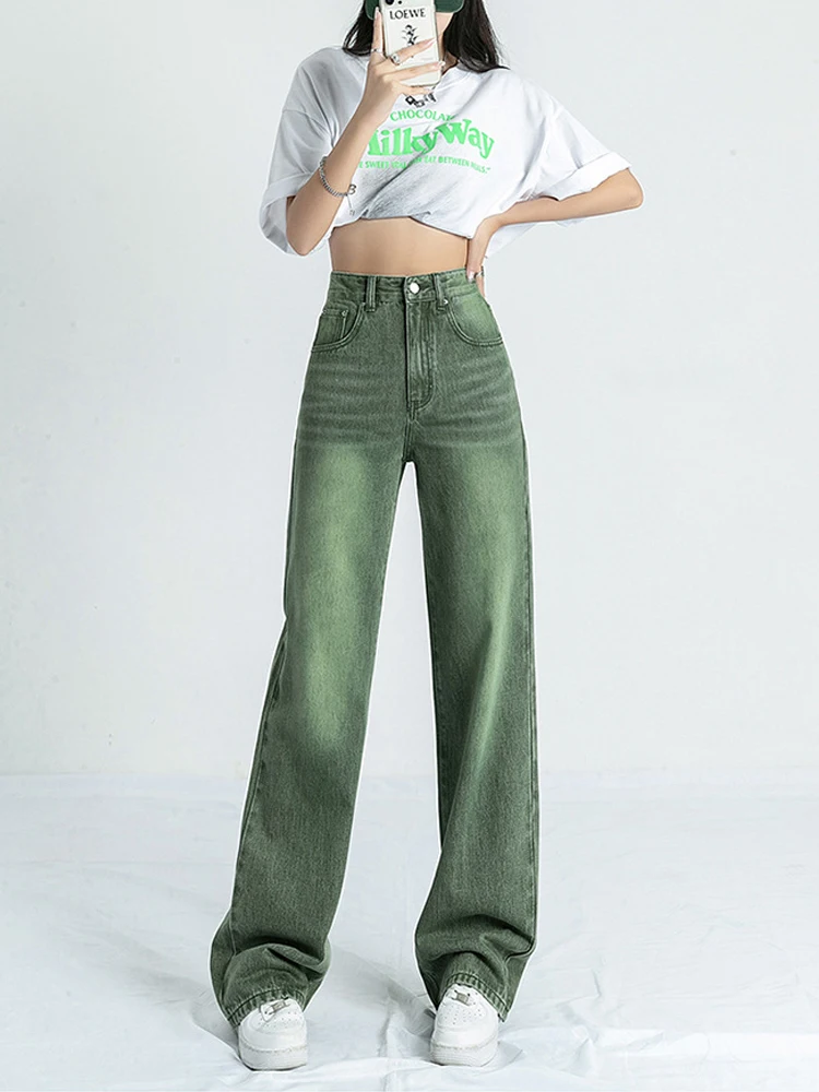 High Waist Jeans Woman Streetwear Jeans Summer Vintage Straight Green Denim Pants Ladies Pantalones De Verano Para Mujer 2023