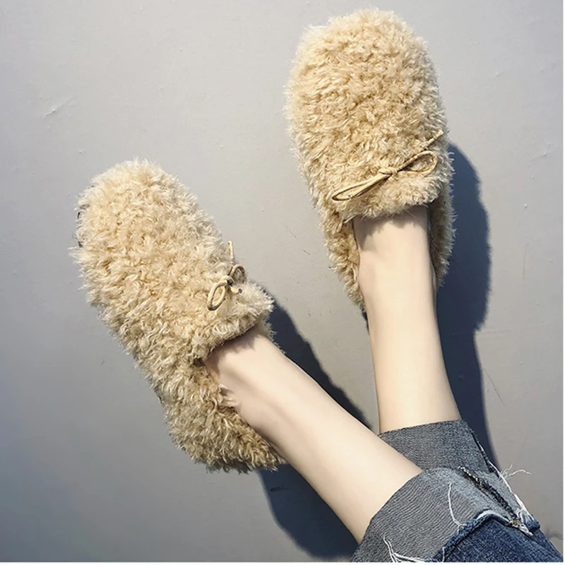 Women Loafers Home Warm Plush Fluffy Curly Sheep Fur Flats Mocasines Mujer Lambswool Winter Cotton Shoes