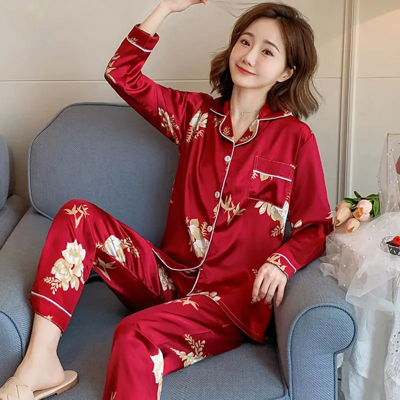 Fashion Women's Pajamas Set Simulated Silk Thin Long Sleeve Trousers Korean Fashion Autumn Cardigan Home Wear Plus Size Cheap