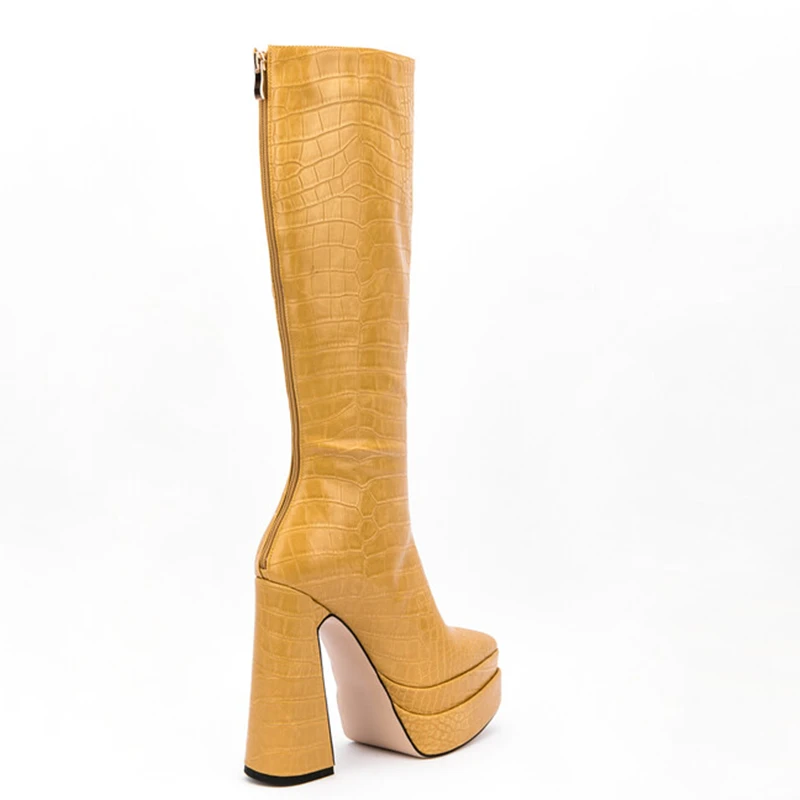 Retro Pointed Toe Fashion Boots Shoes Crocodile Print Thick High Heel Platform Knee High Boots for Women Back Zipper
