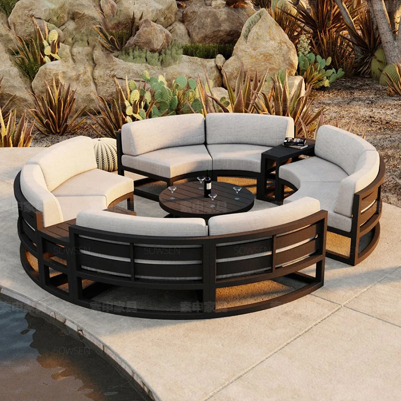 

Outdoor curved sofa aluminum alloy courtyard garden reception circular rattan sofa tea table combination waterproof and sunscree