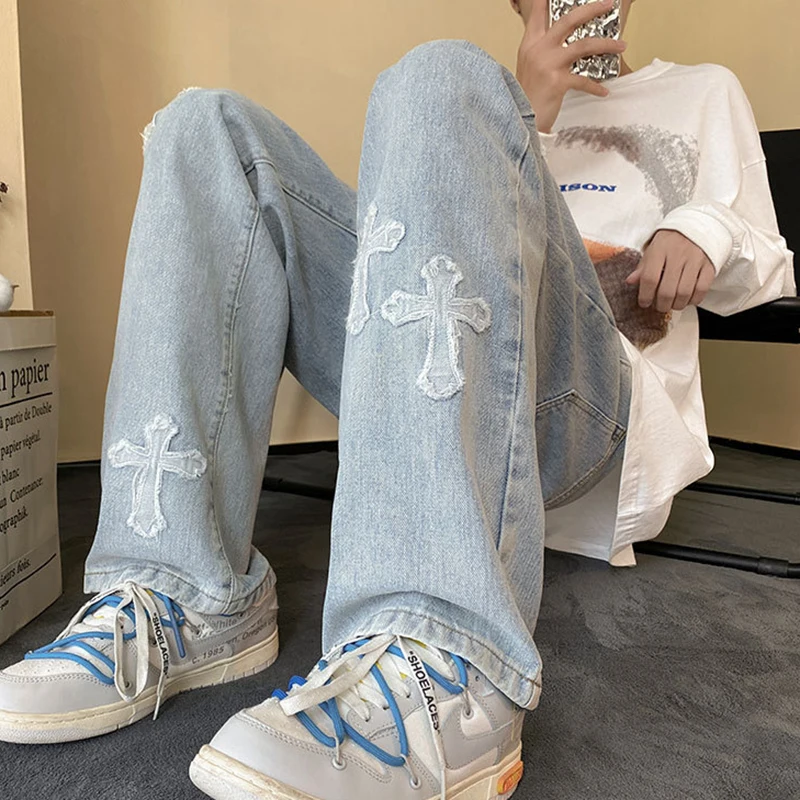 Vintage Wide Leg Jeans Men Fashion Loose Straight Casual Jean Retro Cross Print Trousers 2023 Spring Summer Male Y2k Streetwear