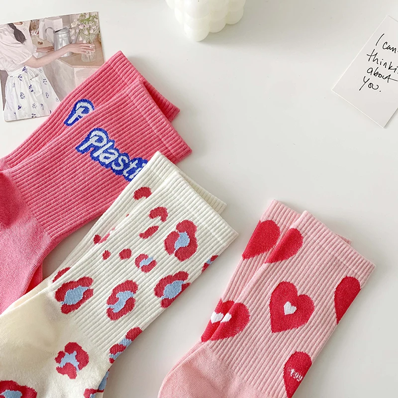 Women Pink-Heart Sweet Love Cotton Socks Women's Middle Tube Socks Cute Lovely Pink Theme Cotton Casual Socks Sport Street Socks