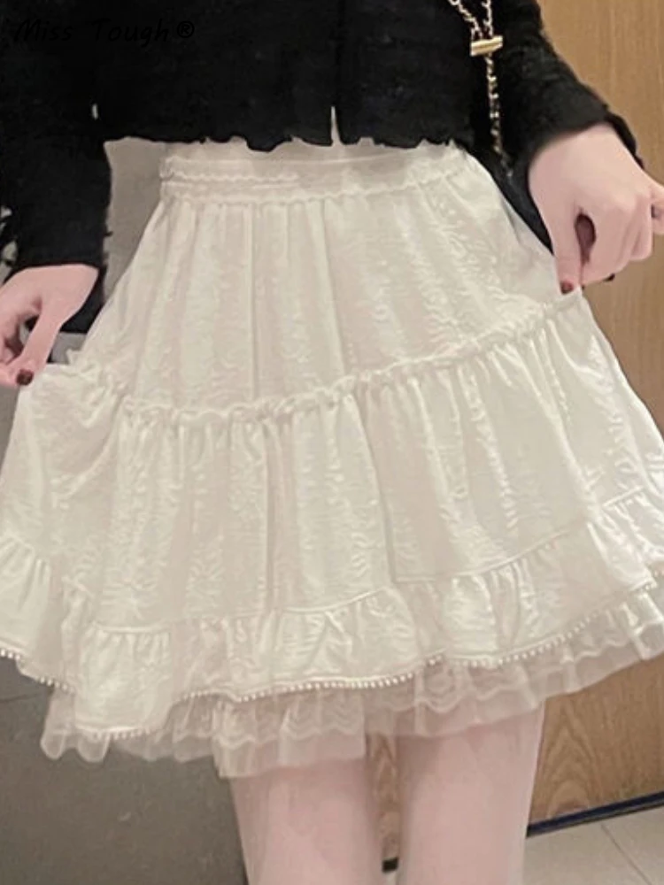Летняя белая кружевная Милая юбка для женщин корейская мода пушистая