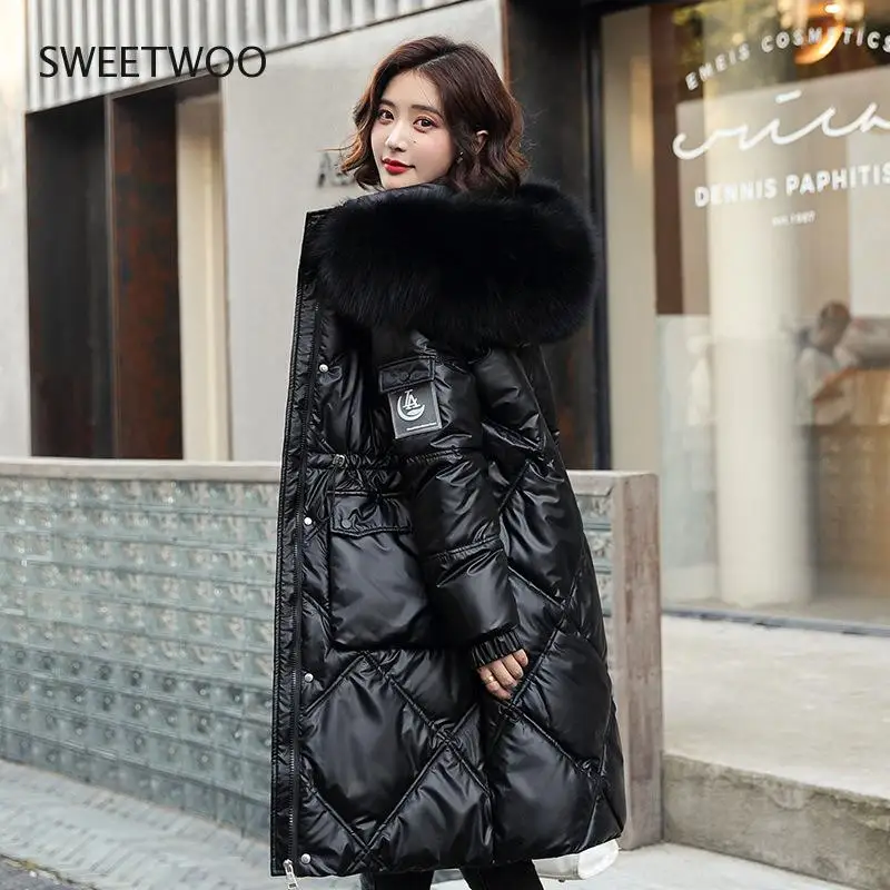 2022 Winter Down Padded Jacket Female Korean Long Overcoat Casual Adjustable Waist White Fur Collar Hooded Women Snow Coat Parka