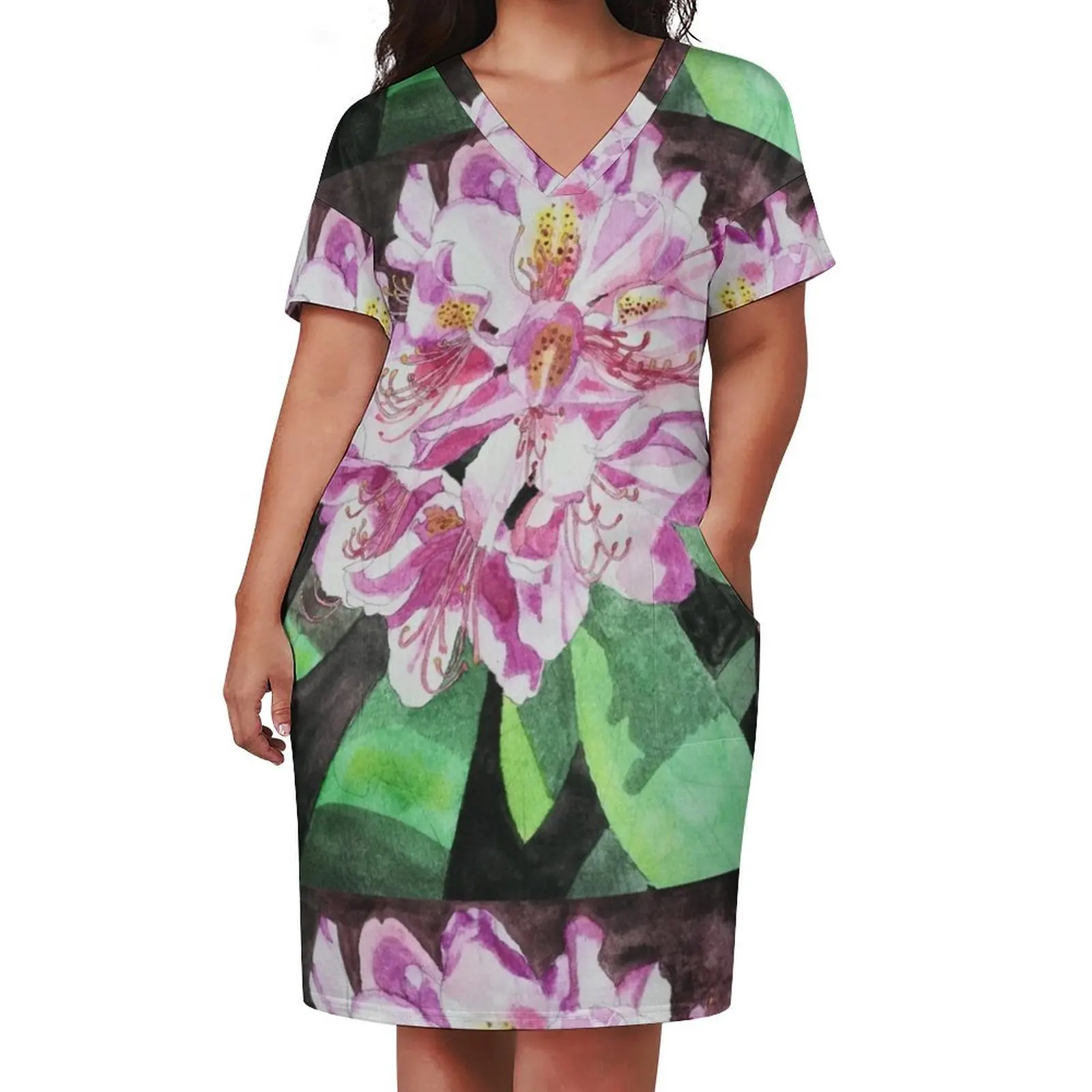 Розовый рододерн цветок акварельная живопись свободное карманное платье летнее