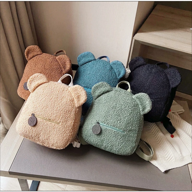 

Kids Backpack Girls Cute Bear Ear Fleece Small School Bags Casual Warm Lambswool Daypack Bag Rucksack for Travel Shopping