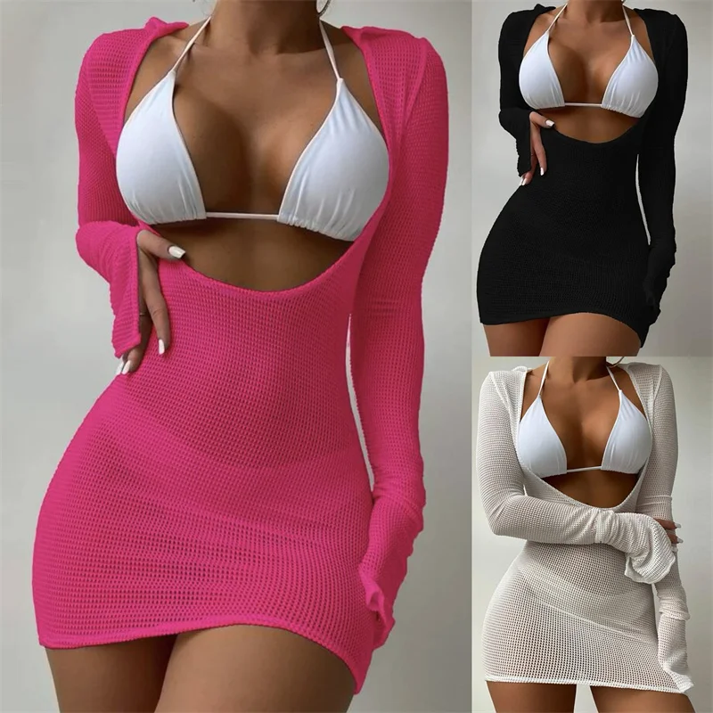 

Slit Cuff Plunge Neck Three Pieces Bikini Set With Cover Up Plain Swimsuit Women Swimwear 2023 Bikinis Summer Beach Bathing Suit