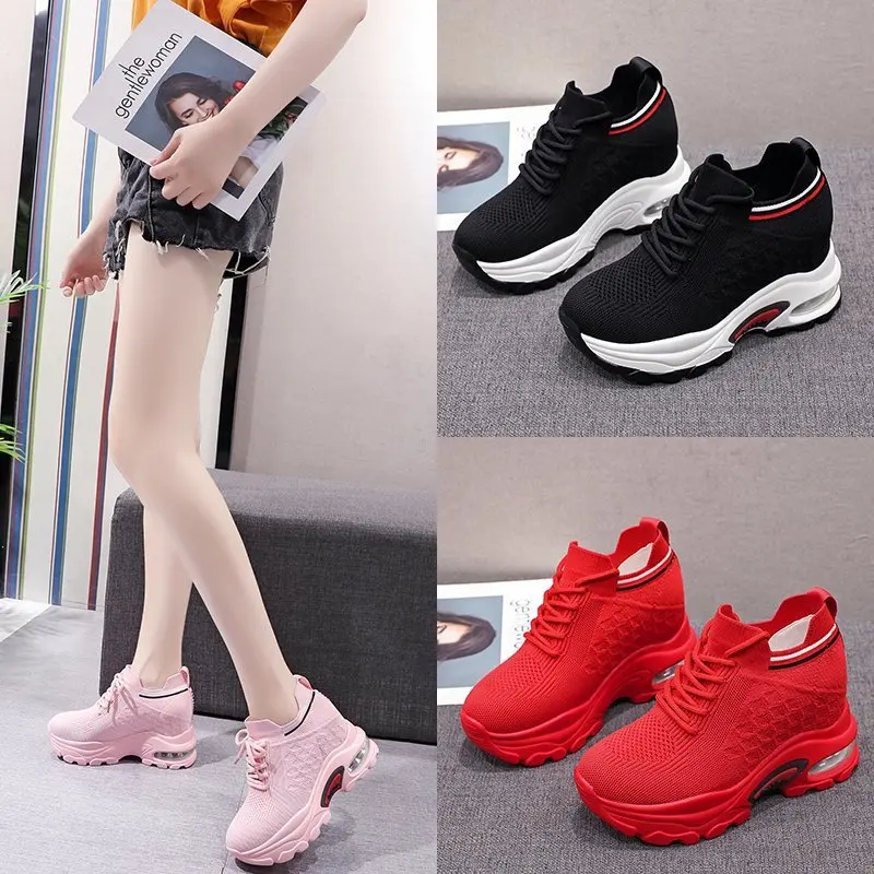

Inner Heightening 2022 Summer New Breathable Mesh Flying Woven Sneakers Ladies Air Cushion Shoes
