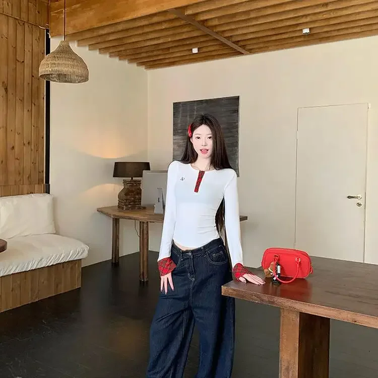 Early Autumn Women's Plaid Knit Top Long Sleeve Inner Slims Smooths Your Silhouette Base Layer T-Shirt Trendy Casual