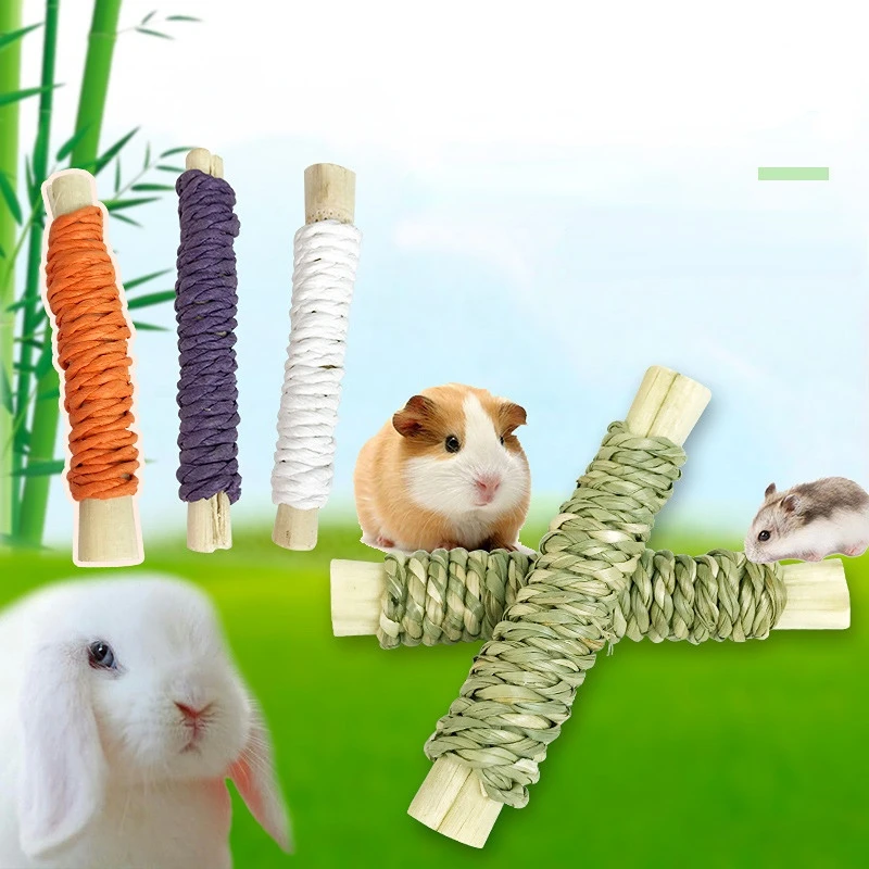 

Bunny Chew Toys Rabbit Toys Natural Wood Grass Timothy Hay Sticks Hamster Toys Chew Treats for Chinchilla, Guinea Pig and Rats