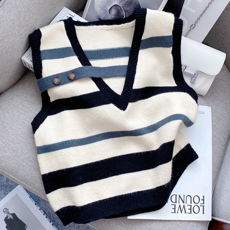 

Жилет женский укороченный с V-образным вырезом, модный вязаный Топ в полоску, Повседневная винтажная одежда без рукавов для девушек, весна-о...