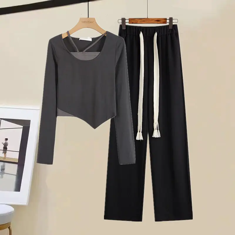 

Women's Pants Suit 2022 Autumn New Irregular Long Sleeve Slim Top Trouser Two-piece Korean Elegant Tracksuit Female Clothes Set