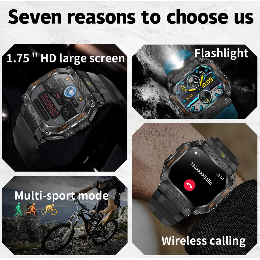 Фото ChiBear SmartWatch Мужские светодиодные фонарики Спортивный уличный компас Bluetooth Вызов Сердечный ритм Водонепроницаемые женские умные часы для Huawei №5
