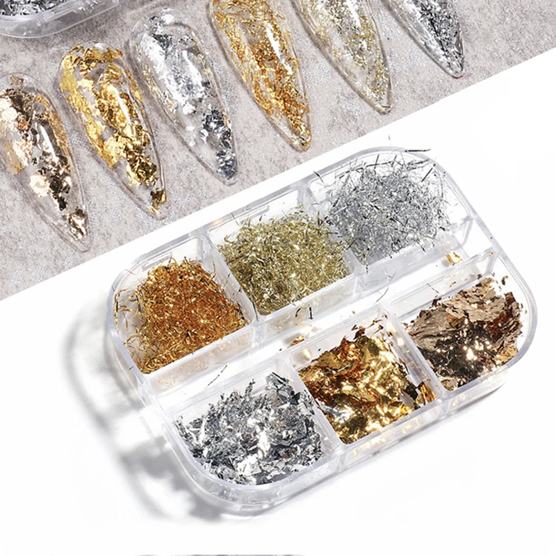 

6 ячеек Золотая Серебряная фольга для ногтевого дизайна Блестящие Блестки в виде хлопьев для творчества украшение для ногтевого дизайна ин...