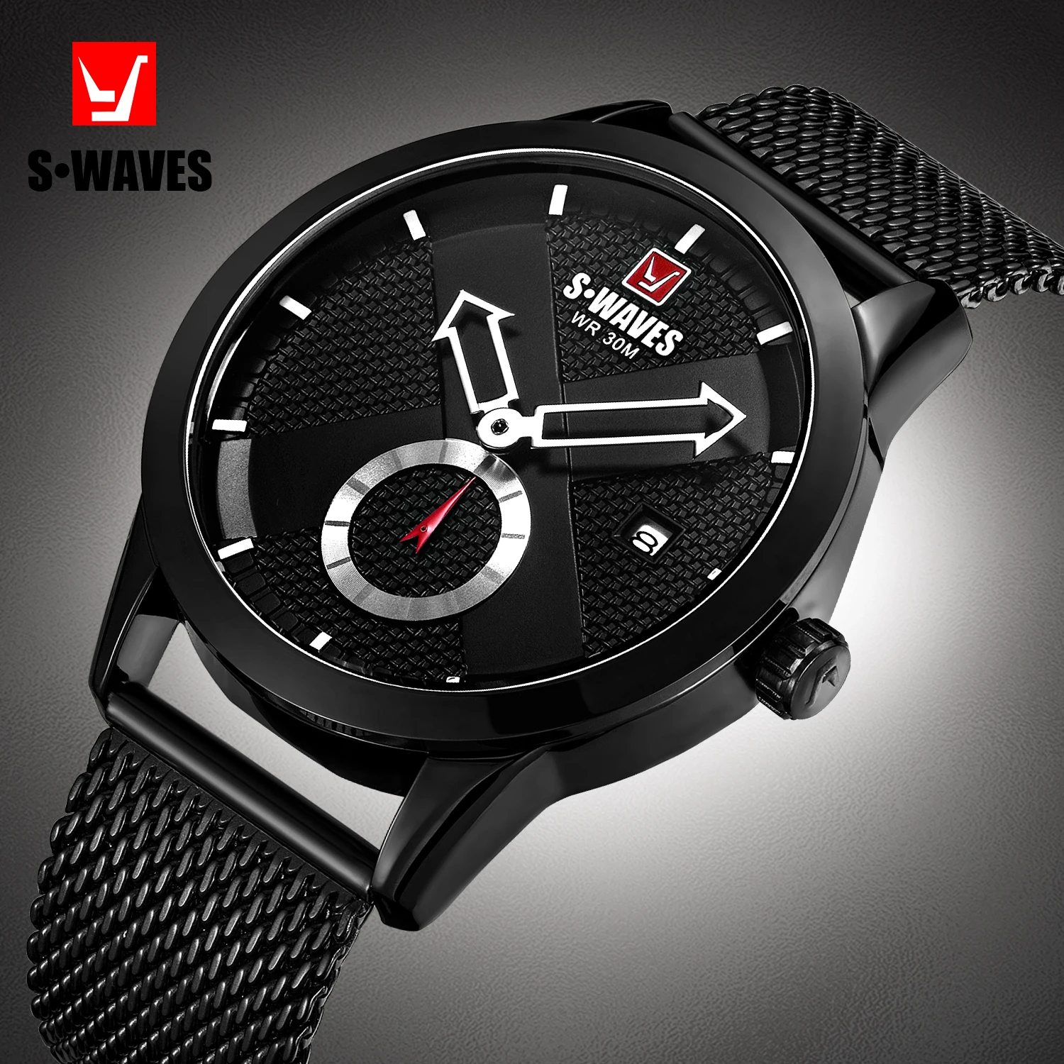 

Swaves New Fashion Three Needle Mesh Belt Fashion Business Sports Watch Chronograph Quartz Steel Belt Men's Watch