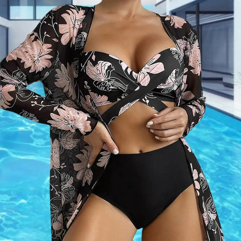 

3Pcs/Set Adjustable Straps Cross Bandage High Waist Bikini Cover Up Set Floral Print Bra Briefs Long Sleeve Cardigan Set Beachwe