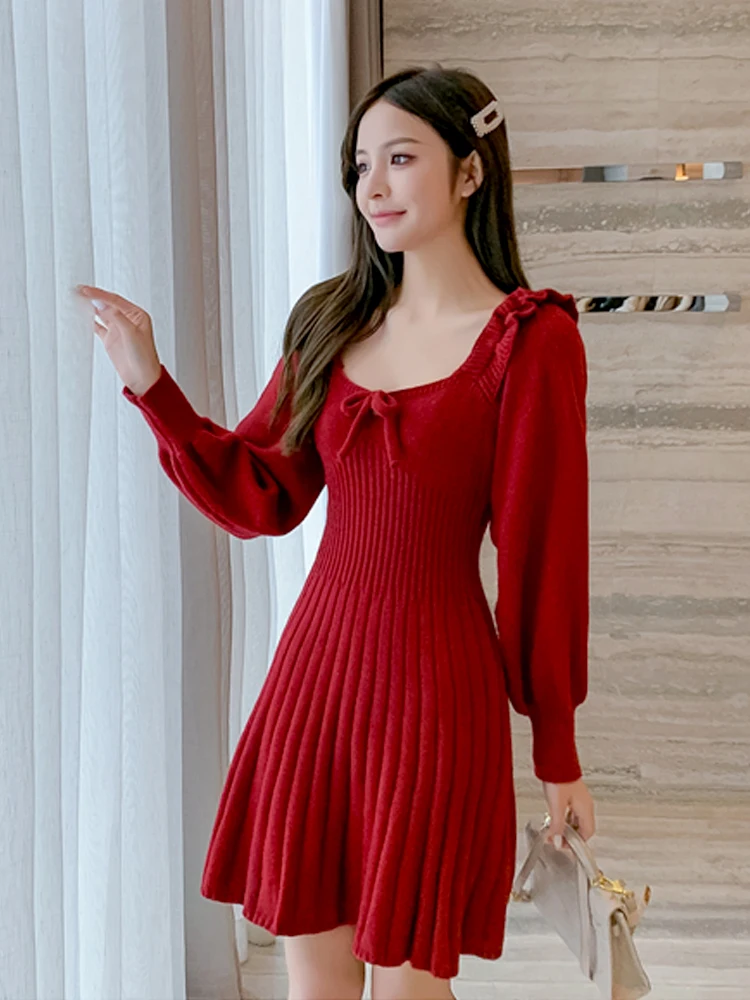 

christmas dress red kerst bandage dress short ruffles square collar backless sexy knitted sweater dresses for women robe noel