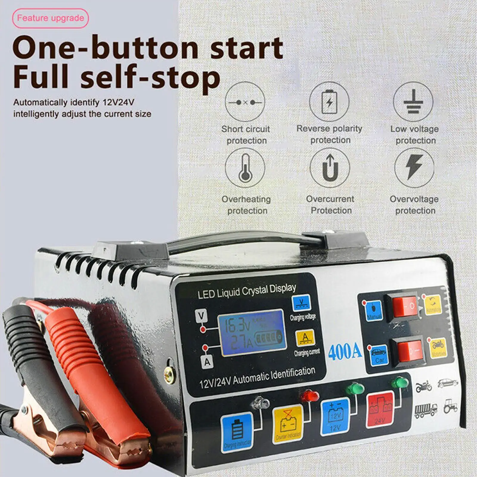 

Full Automatic Car Battery Charger 12V Digital Display Power Repair Fast Charger Battery Power Charging Puls LCD Chargers U6D9