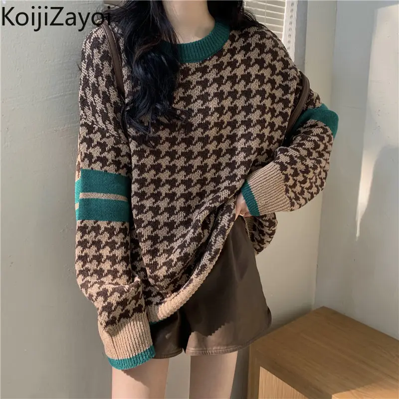 

Koijizayoi Plaid Women Vintage Sweater Long Sleeves O Neck Chic Korean Pullover Fashion Lady Casual Loose Jumpers Dropshipping