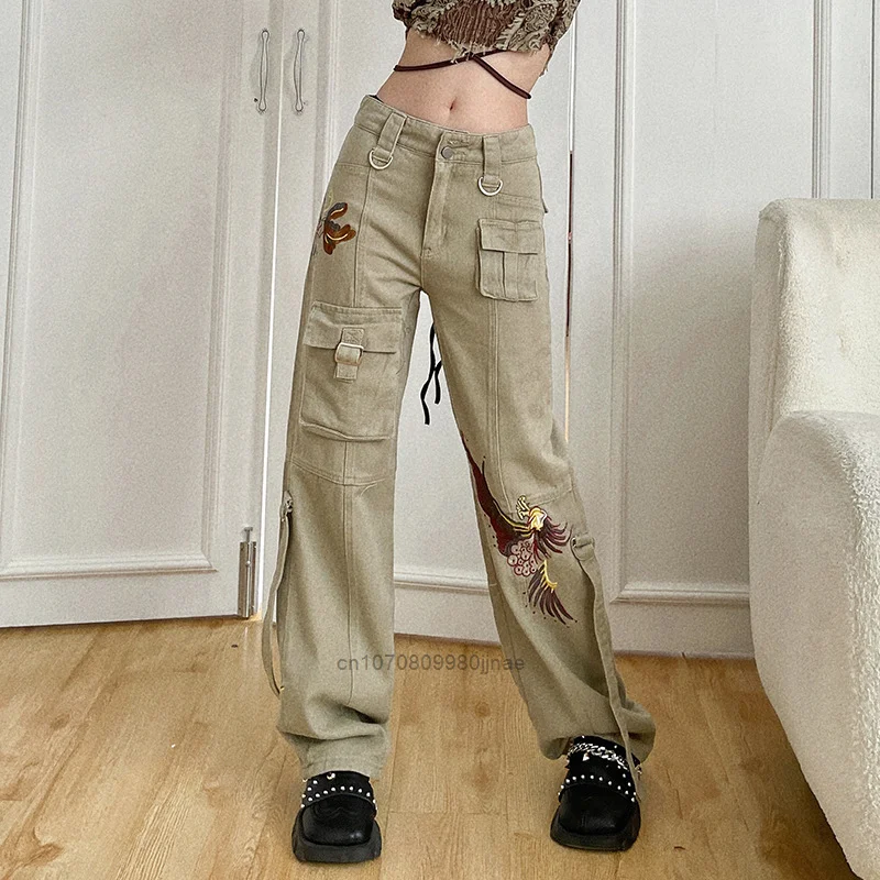 Vintage Cargo Pants Women Autumn Fashion Embroiered Graphic Jeans Streetwear Harajuku Straight Casual Y2k Girl Denim Trousers